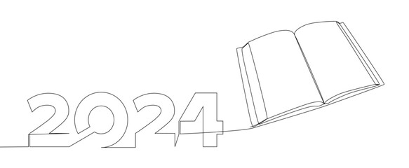 One continuous line of Book with the number 2024. Thin Line Illustration vector concept. Contour Drawing Creative ideas.