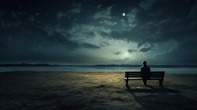 a picture of a person sitting lonely looking at the sky, Generate AI.