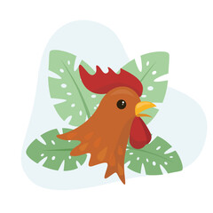 Rooster flat vector Illustration Icon decorated with leaves for web use for farm animals, cock, domestic animals