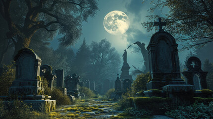 Shadows dance a the mosscovered graves, as the full moon casts an otherworldly light upon the restless spirits that roam the moonlit cemetery. Fantasy art - obrazy, fototapety, plakaty