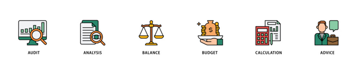 Accounting icon set flow process which consists of audit, analysis, balance, budget, calculation, and advice icon live stroke and easy to edit 