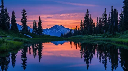 Wall murals Forest in fog Tipsoo lake sunset