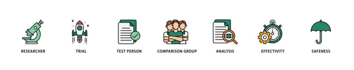 Clinical study icon set flow process which consists of researcher, trial, test person, comparison group, analysis, effectivity, and safeness icon live stroke and easy to edit 