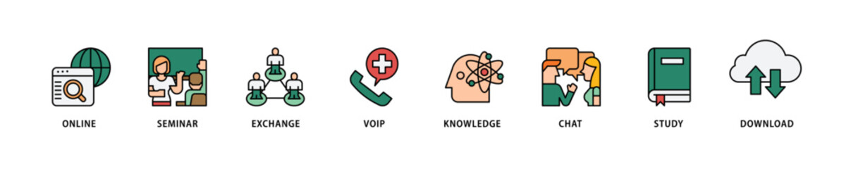E learning icon set flow process which consists of online, seminar, exchange, voip, knowledge, chat, study and download icon live stroke and easy to edit  - obrazy, fototapety, plakaty