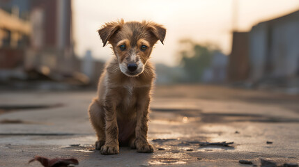 stray dog sitting on road with eyes sadness - 709467201