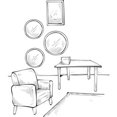 living room interior design handdrawn illustration