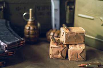 Military background, military equipment concept, 5.45mm caliber cartridges close-up, selective focus