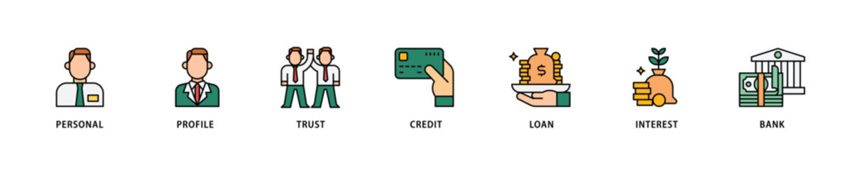 Microcredit icon set flow process which consists of personal, profile, trust, credit, loan, interest and bank icon live stroke and easy to edit 