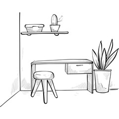 study room interior design handdrawn illustration