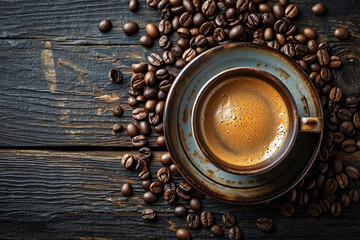 In a digital realm, AI crafts an image of coffee beans on a rustic wooden canvas. A hot cup of...