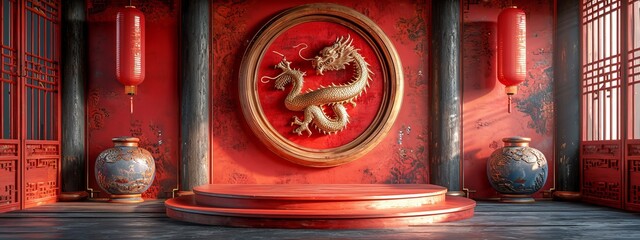 Dragon 3D chinese 2024 year gold new lunar cny podium happy background red golden. Chinese dragon...