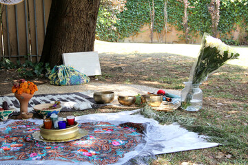 Space prepared to do a holistic ceremony with rituals to direct energy in introspection and...