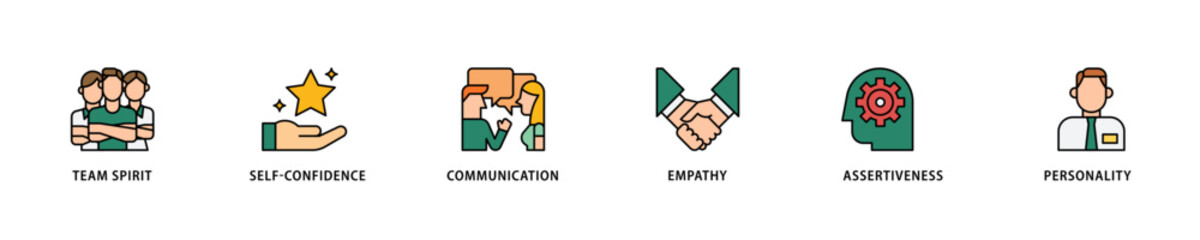 Soft skills icon set flow process which consists of team spirit, self confidence, communication, empathy, assertiveness, and personality icon live stroke and easy to edit  - obrazy, fototapety, plakaty