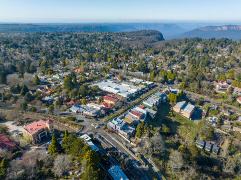 Drone aerial photograph of the township of Leura with a large valley in the background in the upper Blue Mountains in New South Wales in Australia