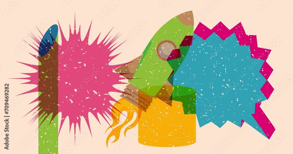 Poster risograph rocketship with speech bubble and geometric shapes animation. moving spaceship and object 