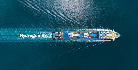 Liqiud Hydrogen renewable energy in Passenger Ship H2 hydrogen gas green energy. luxury cruise in...