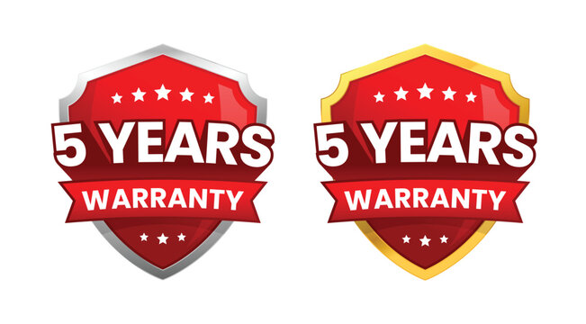5 years warranty label or badge design, with a minimalist and shiny red shield icon isolated. Vector Illustration