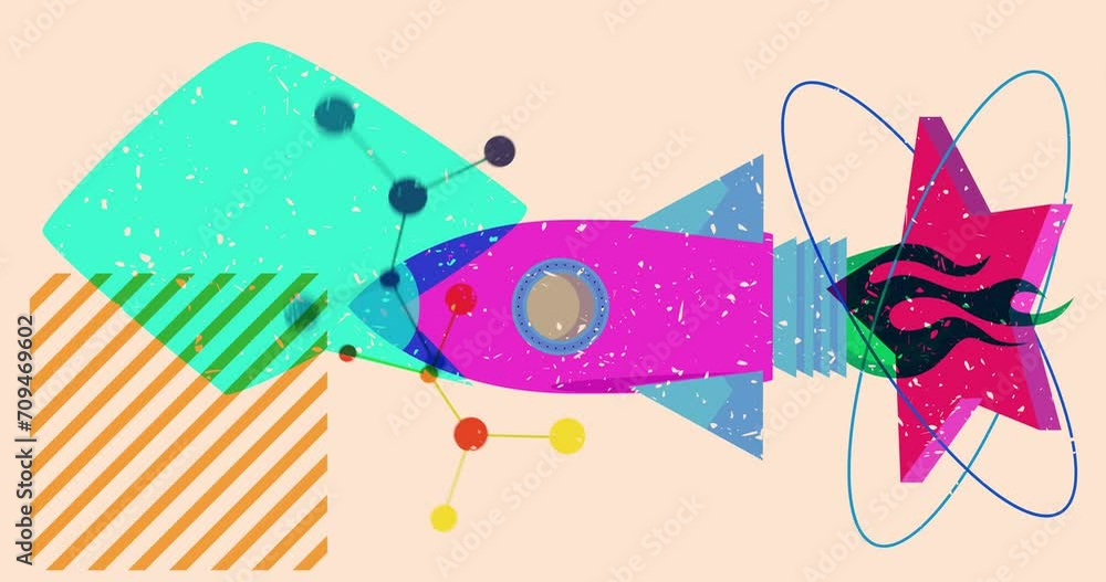 Poster risograph rocketship with speech bubble and geometric shapes animation. moving spaceship and object 