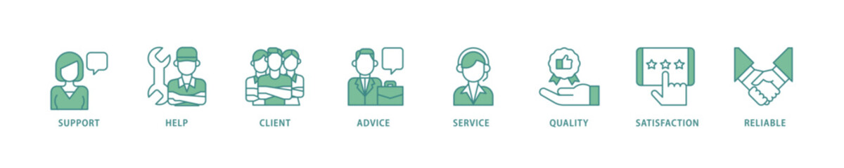 Customer care icon set flow process which consists of help, client, advice, chat, service, reliability, quality, and satisfaction icon live stroke and easy to edit 