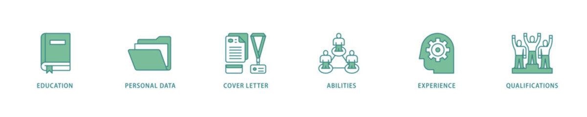 Curriculum vitae icon set flow process which consists of education, personal data, cover letter, abilities, experience and qualifications icon live stroke and easy to edit 