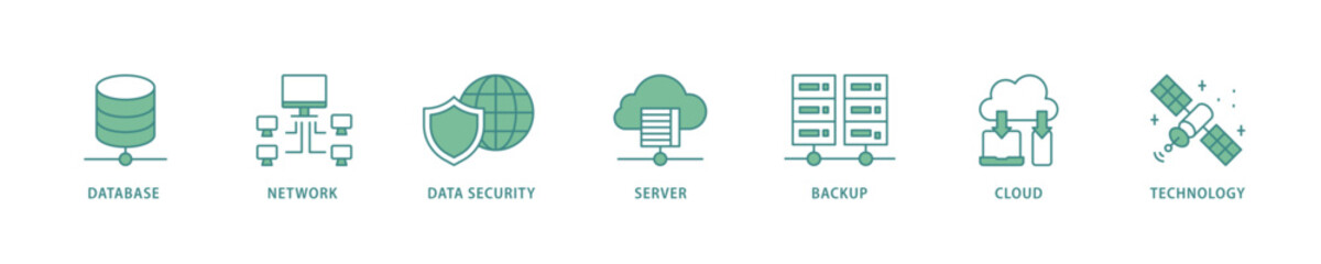 Data center icon set flow process which consists of database, network, data security, server, backup, cloud and technology icon live stroke and easy to edit 