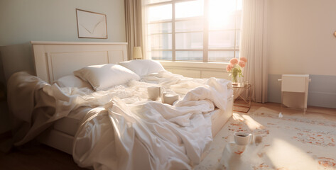 Fototapeta na wymiar person in bedroom, bedroom in hotel, bedroom with bed, bed in a bedroom, room with bed