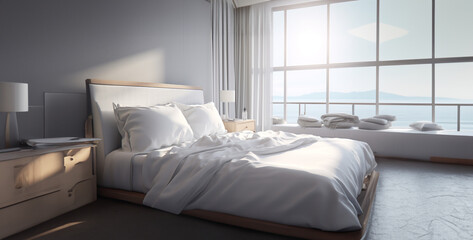 Fototapeta na wymiar bedroom in hotel, bedroom with bed, bed in a bedroom, room with bed