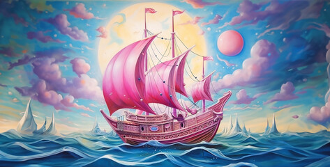 Boat in the style of different shades of pink fantasy