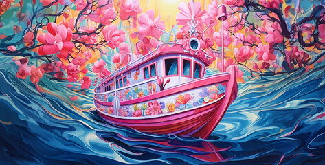 Boat in the style of different shades of pink fantasy