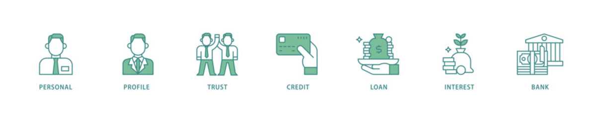 Microcredit icon set flow process which consists of personal, profile, trust, credit, loan, interest and bank icon live stroke and easy to edit 