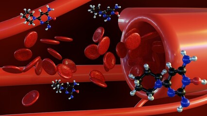 3d rendering of Minoxidil molecules in the blood vessel. minoxidil's action of relaxing blood vessels facilitates easier blood flow, thereby lowering blood pressure.