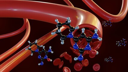 3d rendering of Minoxidil molecules in the blood vessel. minoxidil's action of relaxing blood vessels facilitates easier blood flow, thereby lowering blood pressure.