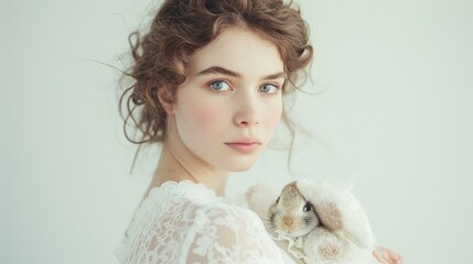 Gorgeous image of a woman holding a cuddly Easter rabbit plush with loving eyes on a pure white background
