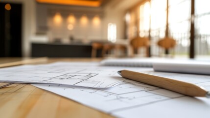 Architectural Blueprints on Wooden Table with Blurred Office Background