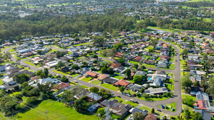 Drone aerial photograph of houses and parklands in the suburb of Werrington County in the greater...