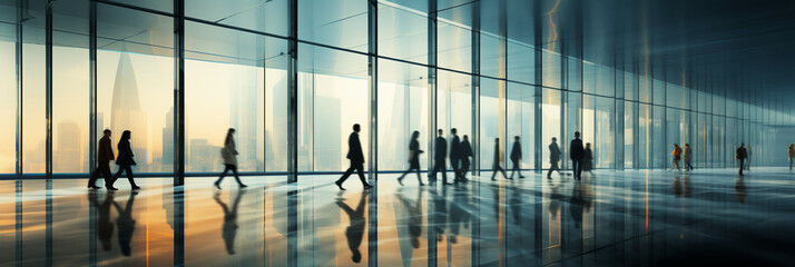 Open lobby-office space. . Modern architecture. Lots of natural light. Office workers walking through office space wearing high-end expensive business suits. Blurred image. Motion blur