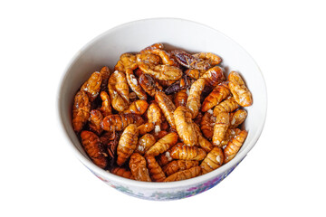 Lots of crispy fried chrysalis in a white bowl isolated on white background. chrysalis are a food that is very high in protein.