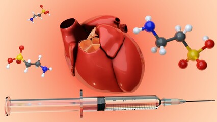 3d rendering of 2-aminoethanesulfonic acid or taurine molecule, human heart and medical syringe