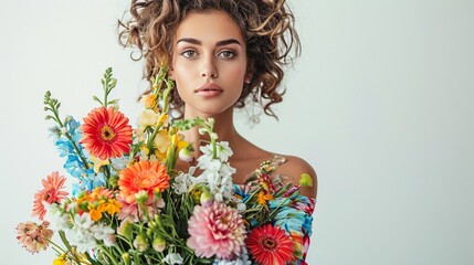 Radiant woman clutching a springtime bouquet of flowers, her vivid clothing strikingly set against the stark white background