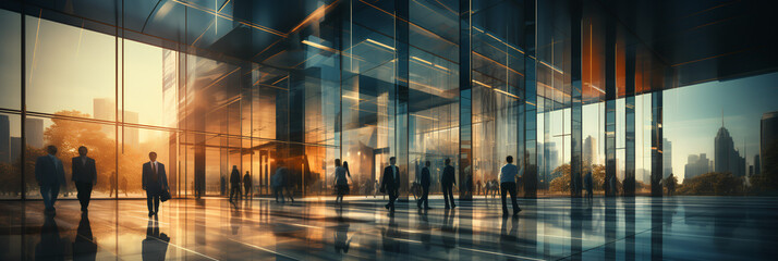 Open lobby-office space. . Modern architecture. Lots of natural light. Office workers walking through office space wearing high-end expensive business suits. Blurred image. Motion blur - obrazy, fototapety, plakaty
