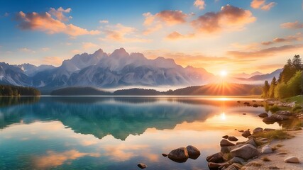 sunrise over the lake,Beautiful summer sunrise over the Zugspitze mountain range at Eibsee Lake. German Alps, Bavaria, Germany, sunny outdoor scene, Europe. Background of the idea of nature's beauty