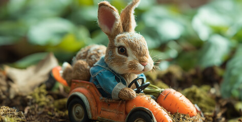 rabbit on the grass in summer, A Peter rabbit stuffed animal is driving a car