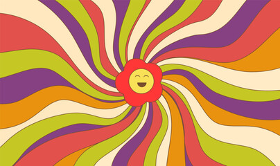 Colorful groovy hippie 70s background. Twisted pattern with smiling flower head. Vector psychedelic abstract fun wallpaper. Retro style design for print on textile, paper, social media or web design.