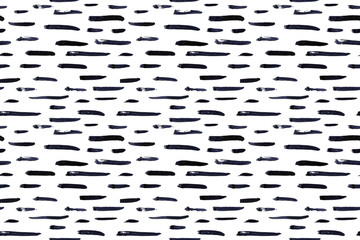 Thin horizontal lines pattern on white background. Hand drawn small black dash seamless texture. Black linear ornament. Memphis style background with brush stripes. Abstract modern vector texture - obrazy, fototapety, plakaty