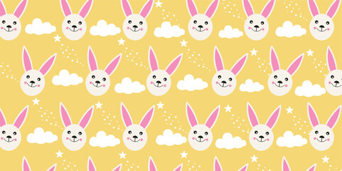 hand drawn Seamless pattern rabbits with clouds and stars. for Children's wallpapers.