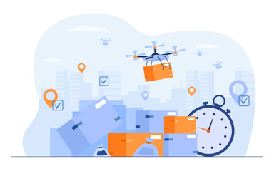 Fototapeta na wymiar Drones delivering parcels in high season vector illustration. Carton boxes, destination points, check marks, stopwatch. Delivery failures due to high workload concept