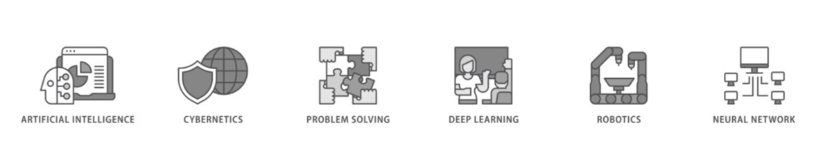 AI icon set flow process which consists of cybernetics, problem solving, deep learning, machine learning, robotics and neural network icon live stroke and easy to edit 