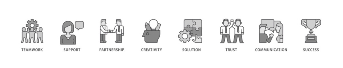 Collaboration icon set flow process which consists of teamwork, support, partnership, creativity, solution, trust, communication, success icon live stroke and easy to edit 
