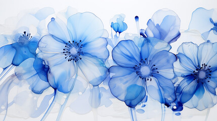 blue splashes of alcohol ink on white as floral background