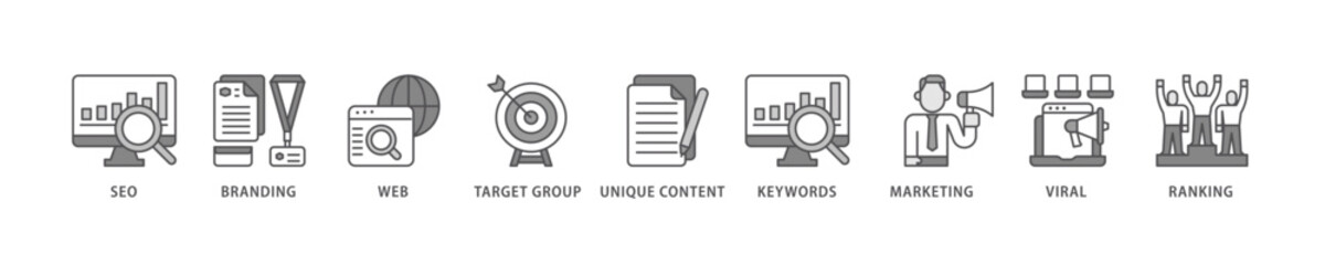 Content is king icon set flow process which consists of seo, branding, web, target group, unique content, keywords, marketing, viral and ranking icon live stroke and easy to edit 
